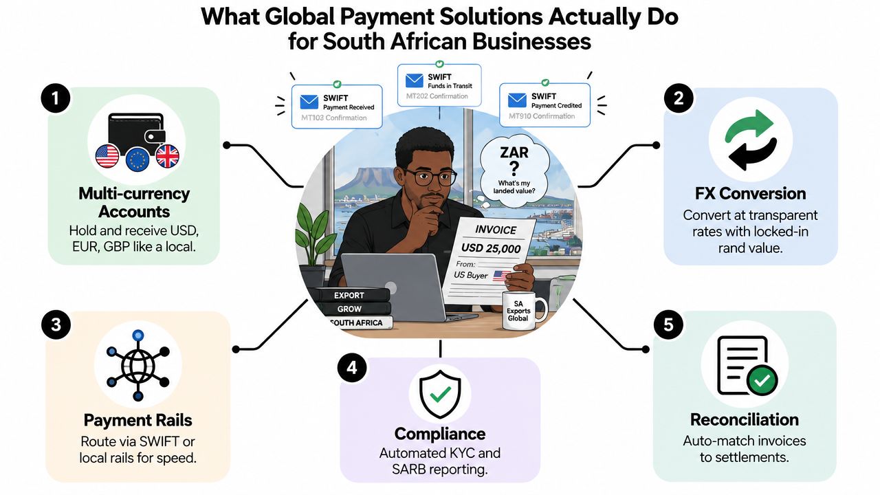 A diagram illustrating five key steps that global payment solutions provide for South African businesses, including currency accounts and reconciliation.