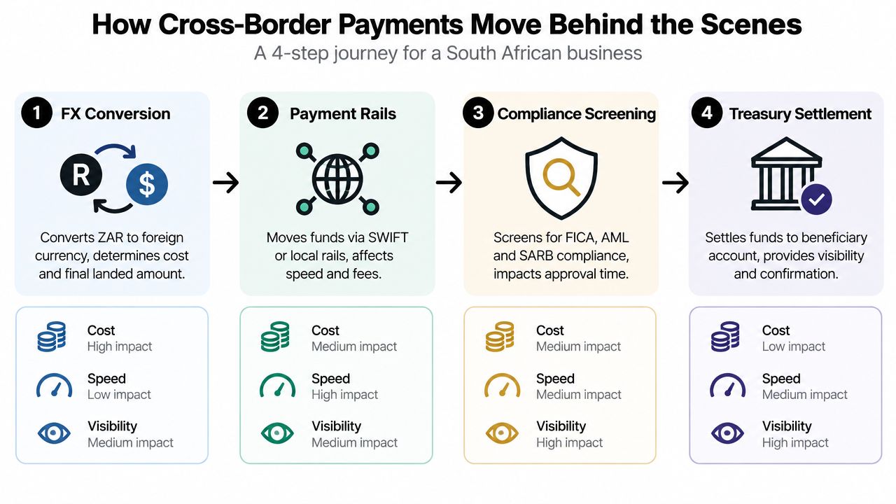 A four-step infographic showing the behind-the-scenes journey of cross-border payments for a South African business.