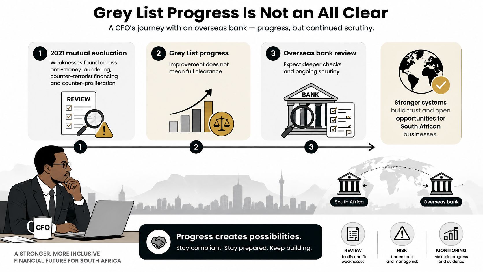 A CFO sitting at a desk with an infographic illustrating South Africa's progress off the grey list.