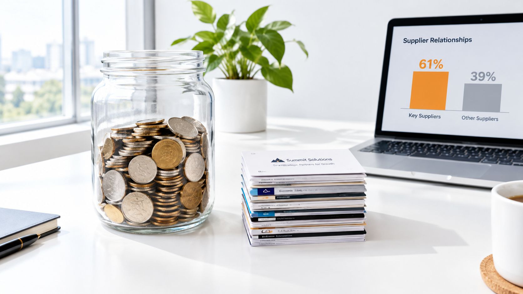A workspace with a glass jar filled with coins, business cards, and a laptop displaying a supplier chart.