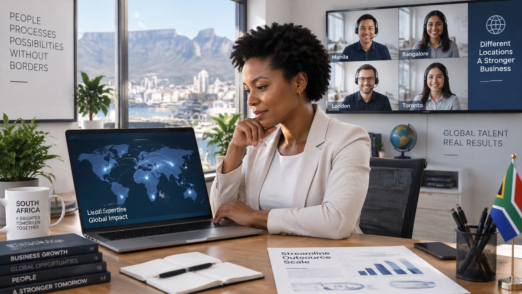 A professional woman working in an office with a global team on video call and laptop screen.