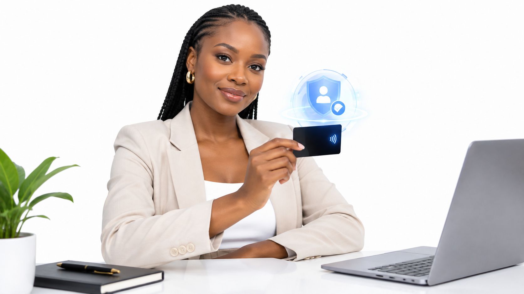 A professional woman holding a virtual business card with digital security icons floating in the air.