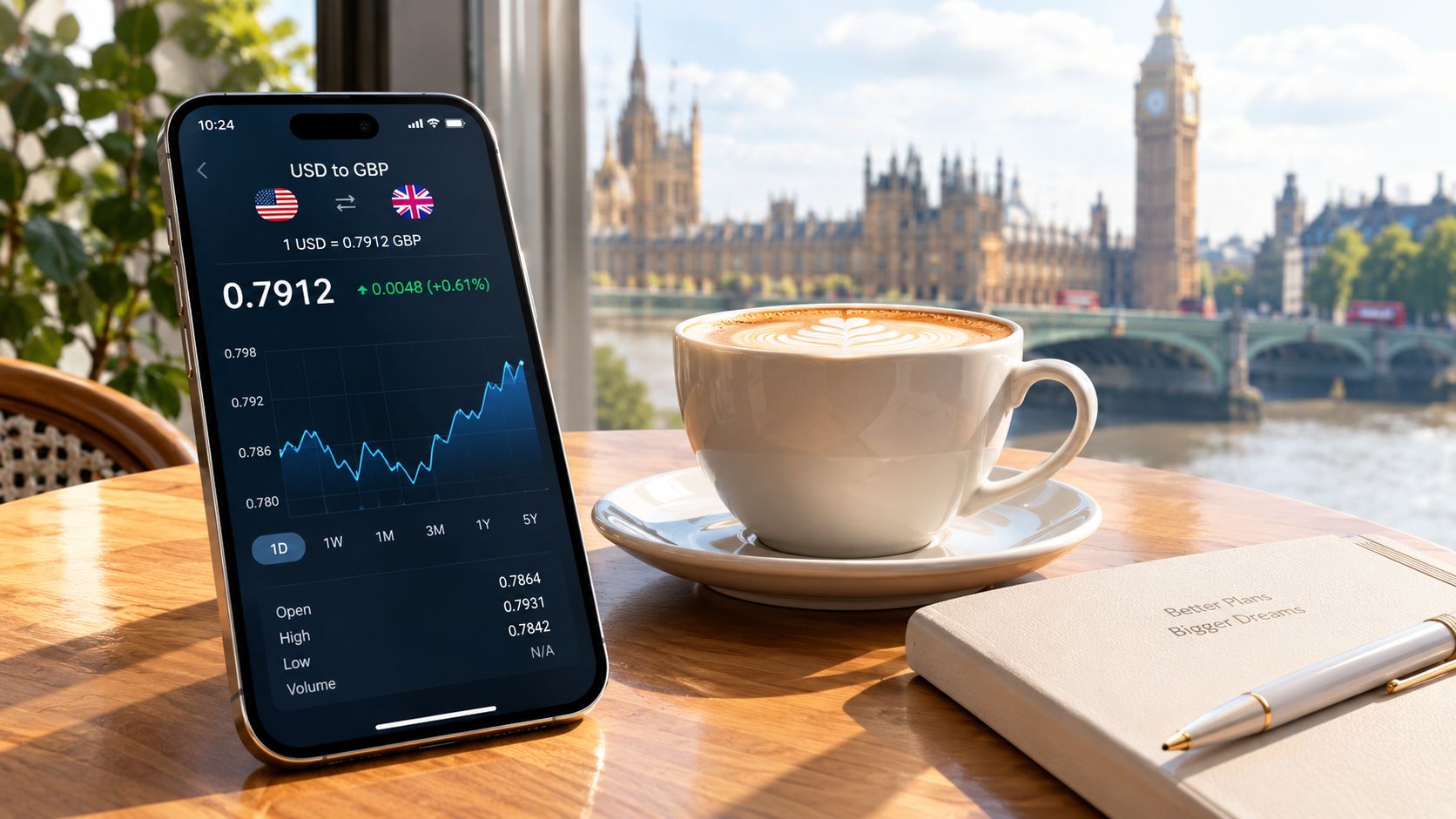 A smartphone displaying USD to GBP exchange rates on a table with a coffee cup and notebook.