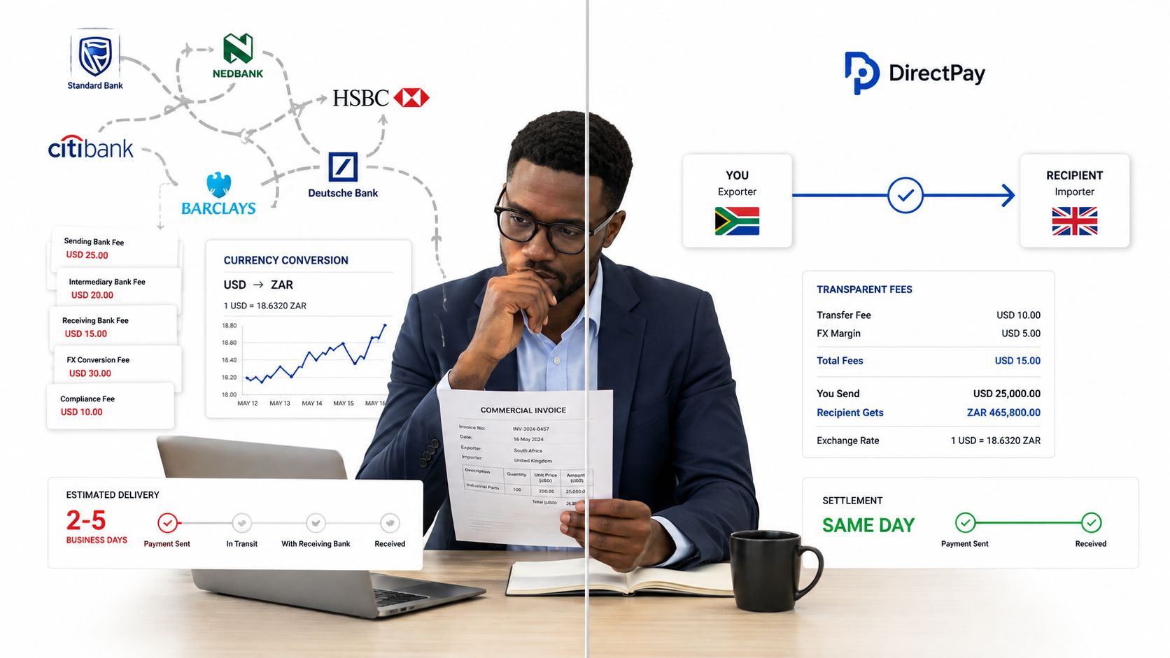 A professional man compares complex traditional bank wire fees with DirectPay's simplified and transparent cross-border payment process.