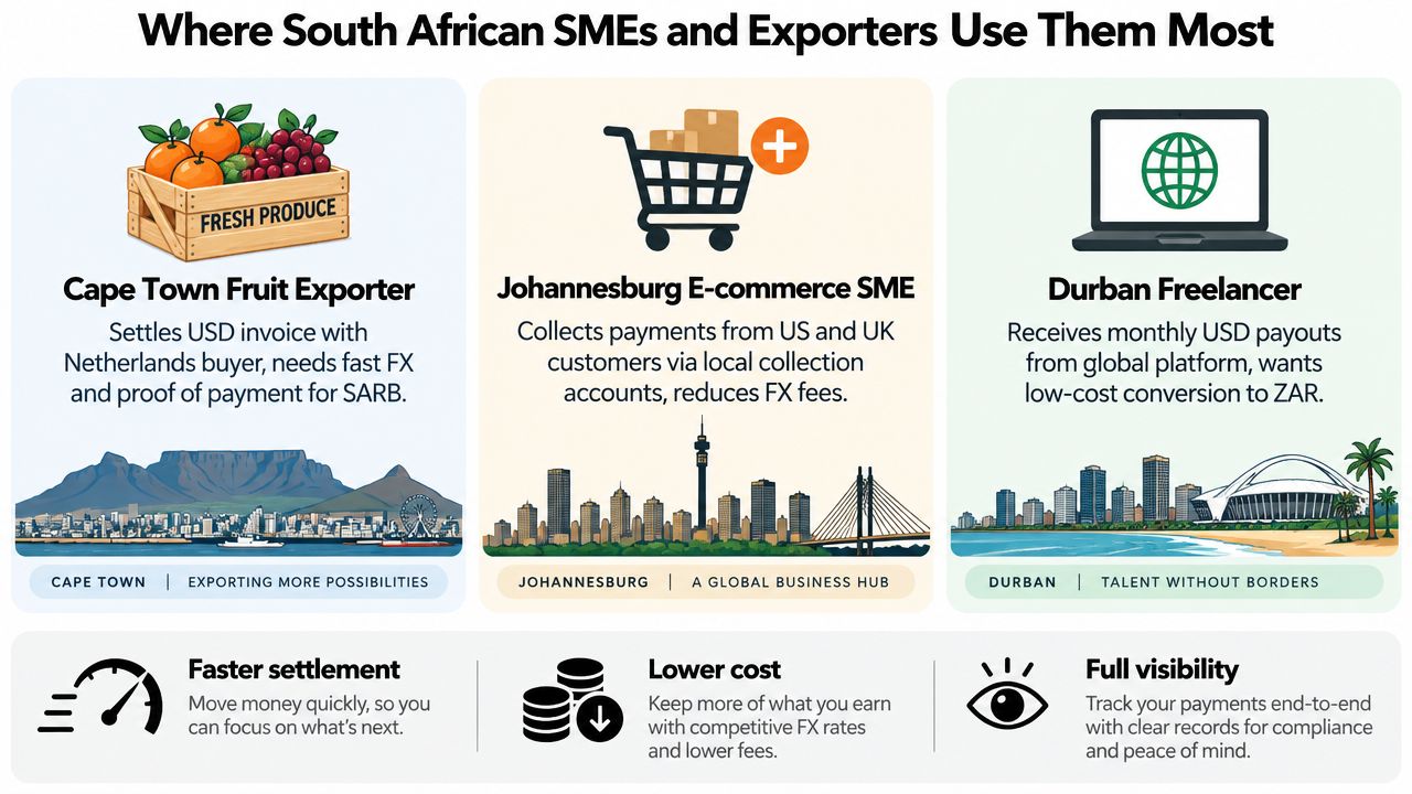 An infographic illustrating how South African SMEs use global payment solutions for faster, lower-cost international business transactions.
