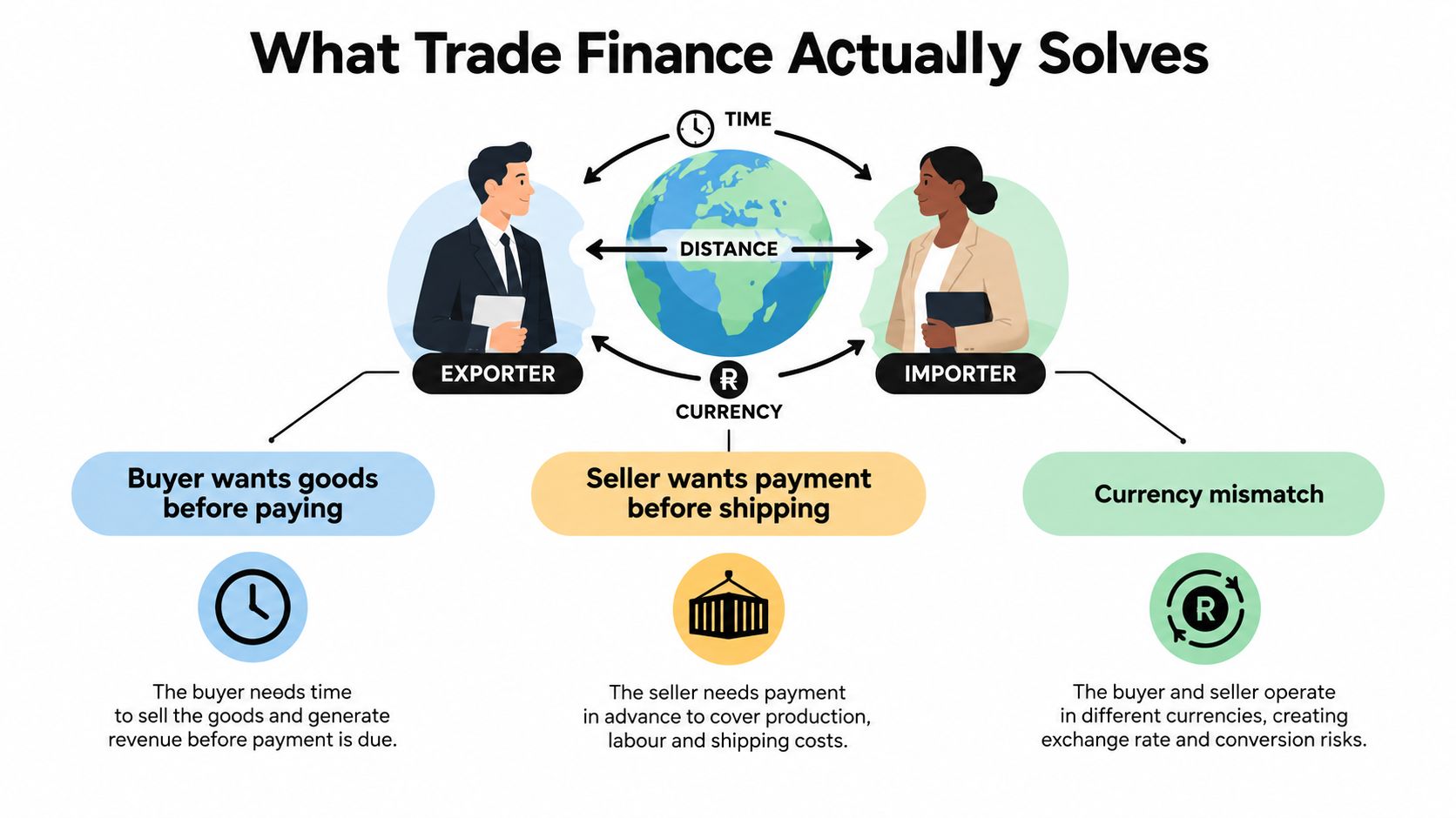 A diagram illustrating how trade finance solves challenges like timing, distance, and currency mismatch between importers and exporters.