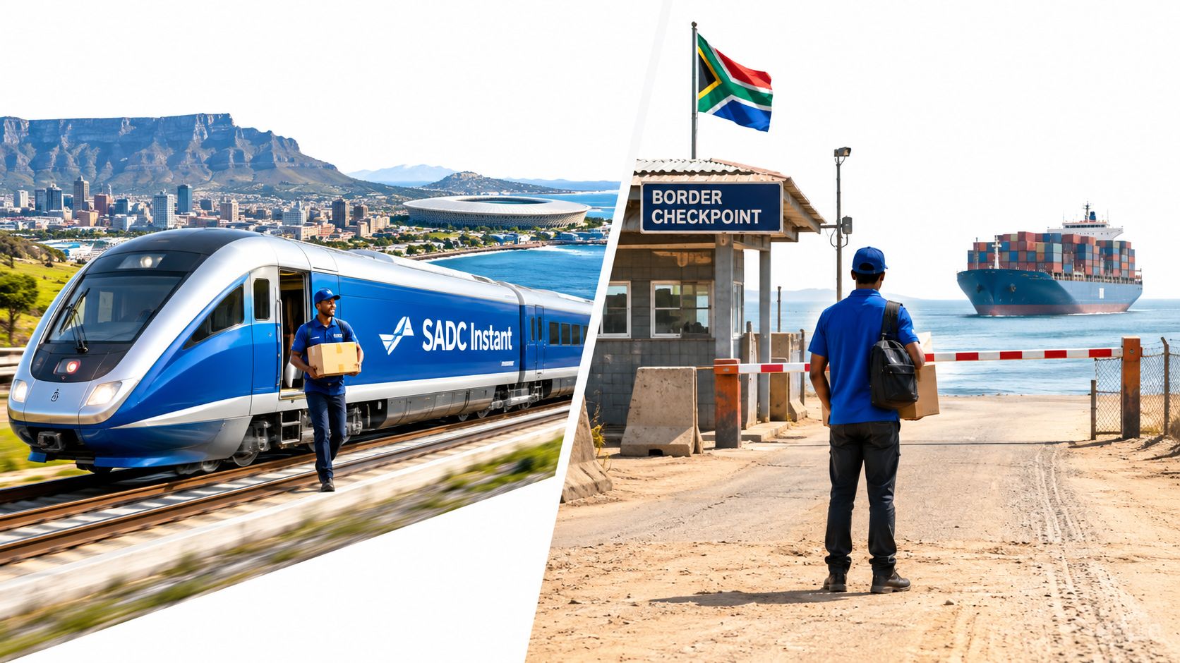 A split screen showing a train with a delivery person on the left and a border checkpoint with a cargo ship on the right.