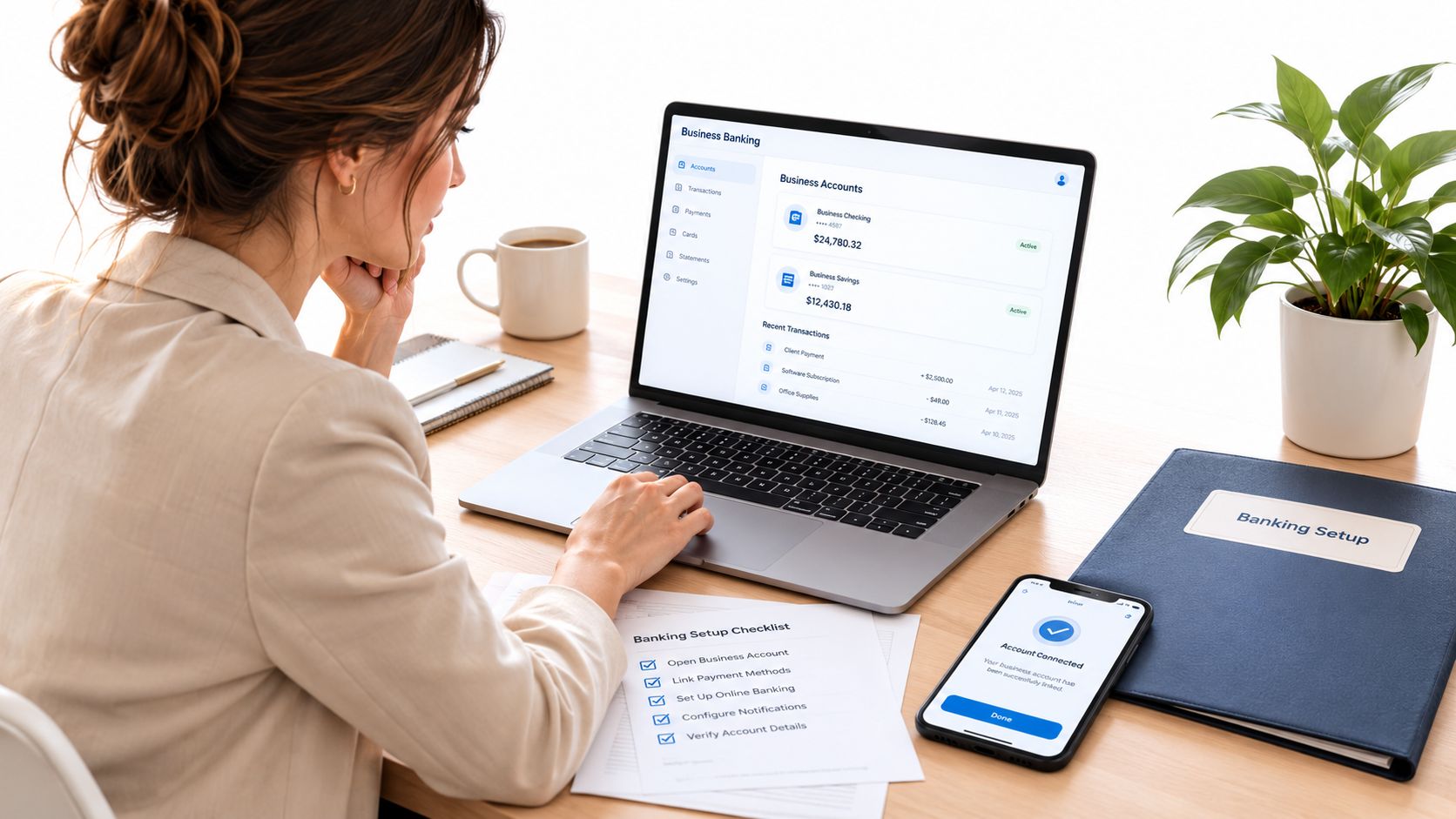 A businesswoman reviews her digital business banking dashboard on a laptop with a completed setup checklist nearby.