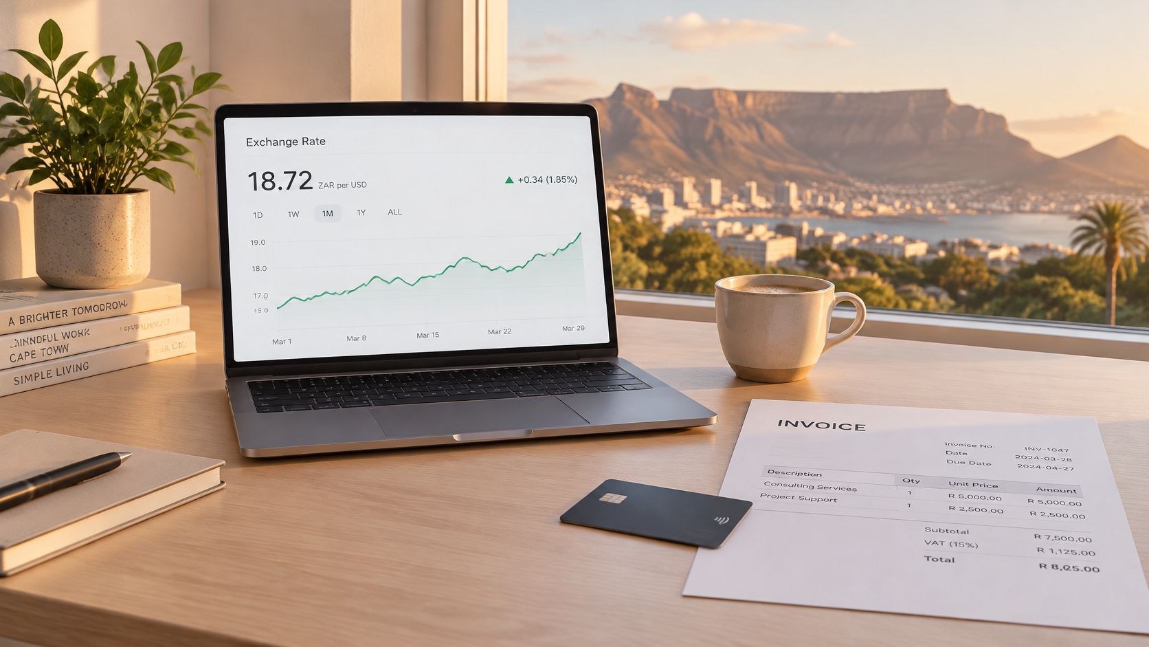 A laptop showing exchange rates next to an invoice and credit card on a wooden desk.