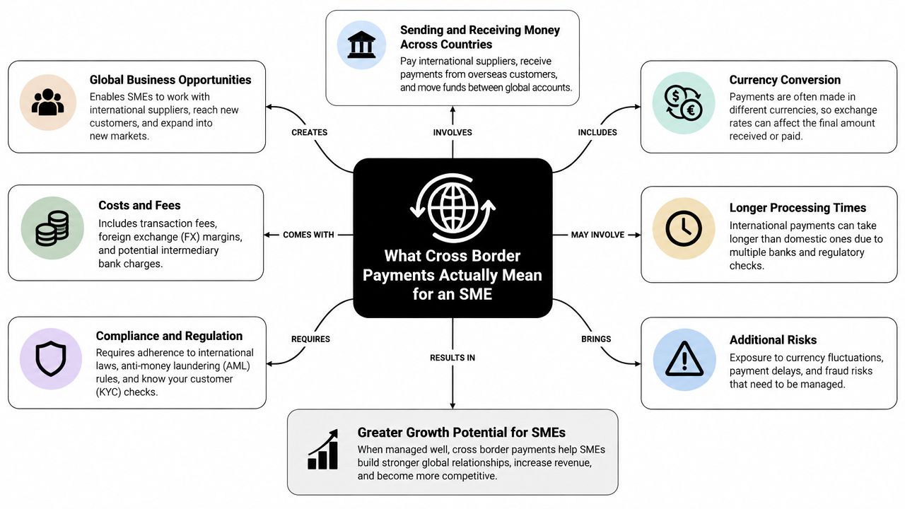 A diagram explaining what cross border payments mean for an SME business, highlighting opportunities, risks, and regulations.