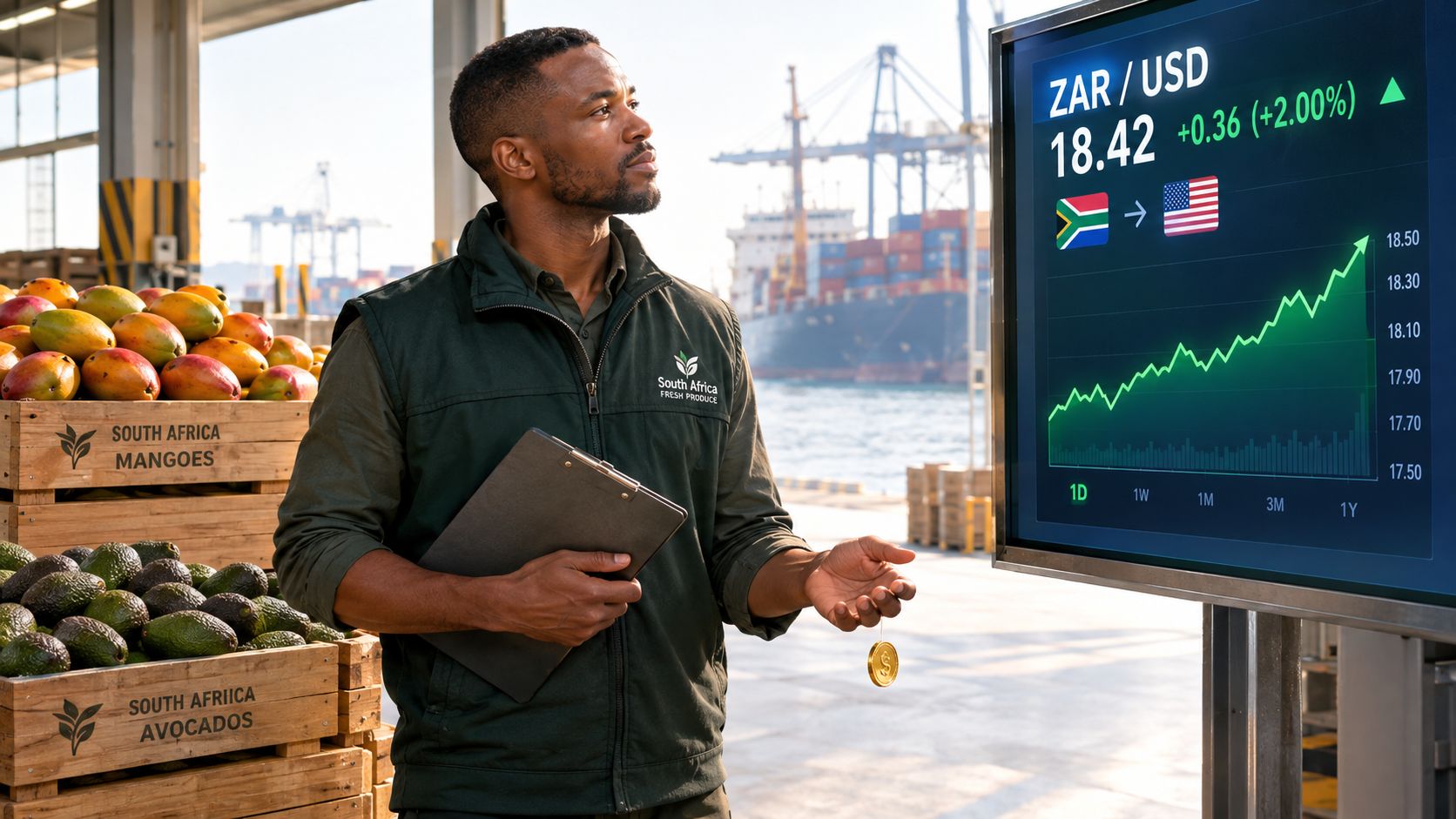 A man in a vest holding a clipboard looks at a digital screen showing currency market trends.
