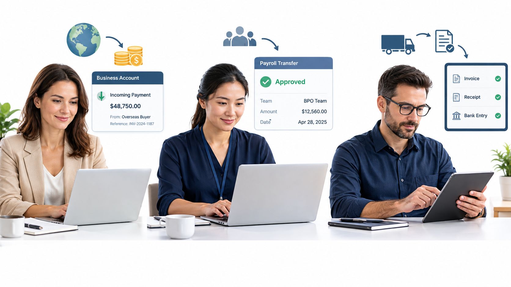 Three professionals working on laptops and a tablet to manage business finances, payments, and payroll tasks efficiently.