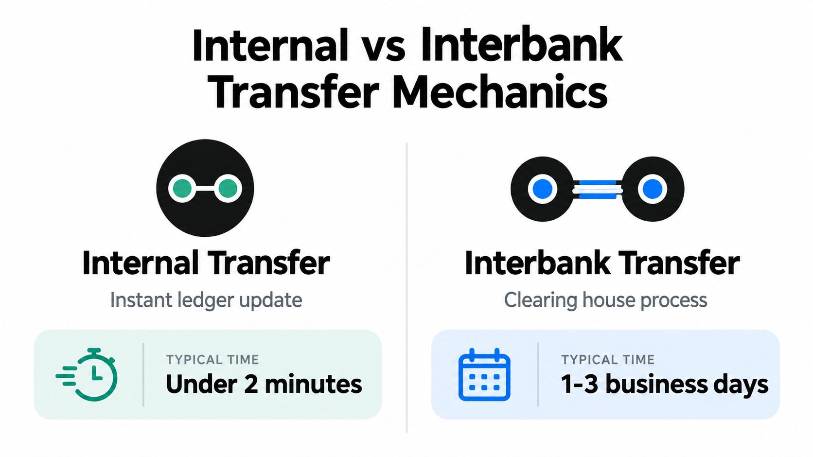 A comparison chart showing that internal transfers are instant, while interbank transfers take one to three days.