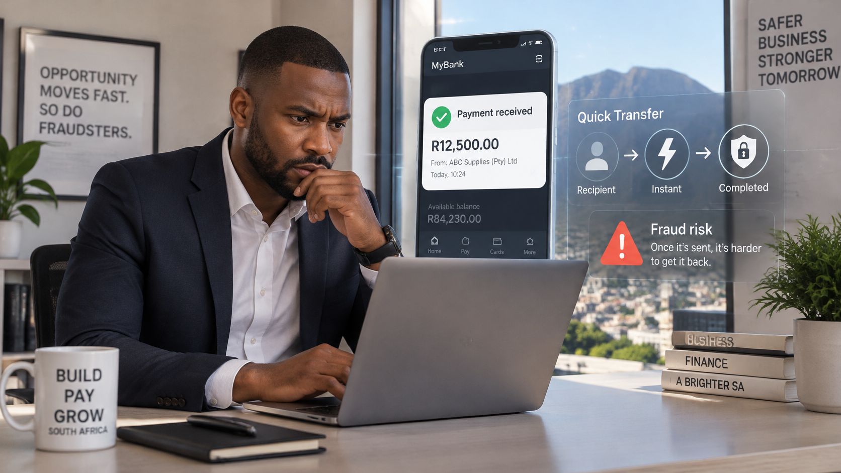 A professional man sitting at a desk looking concerned while viewing mobile banking alerts about fraud risk.
