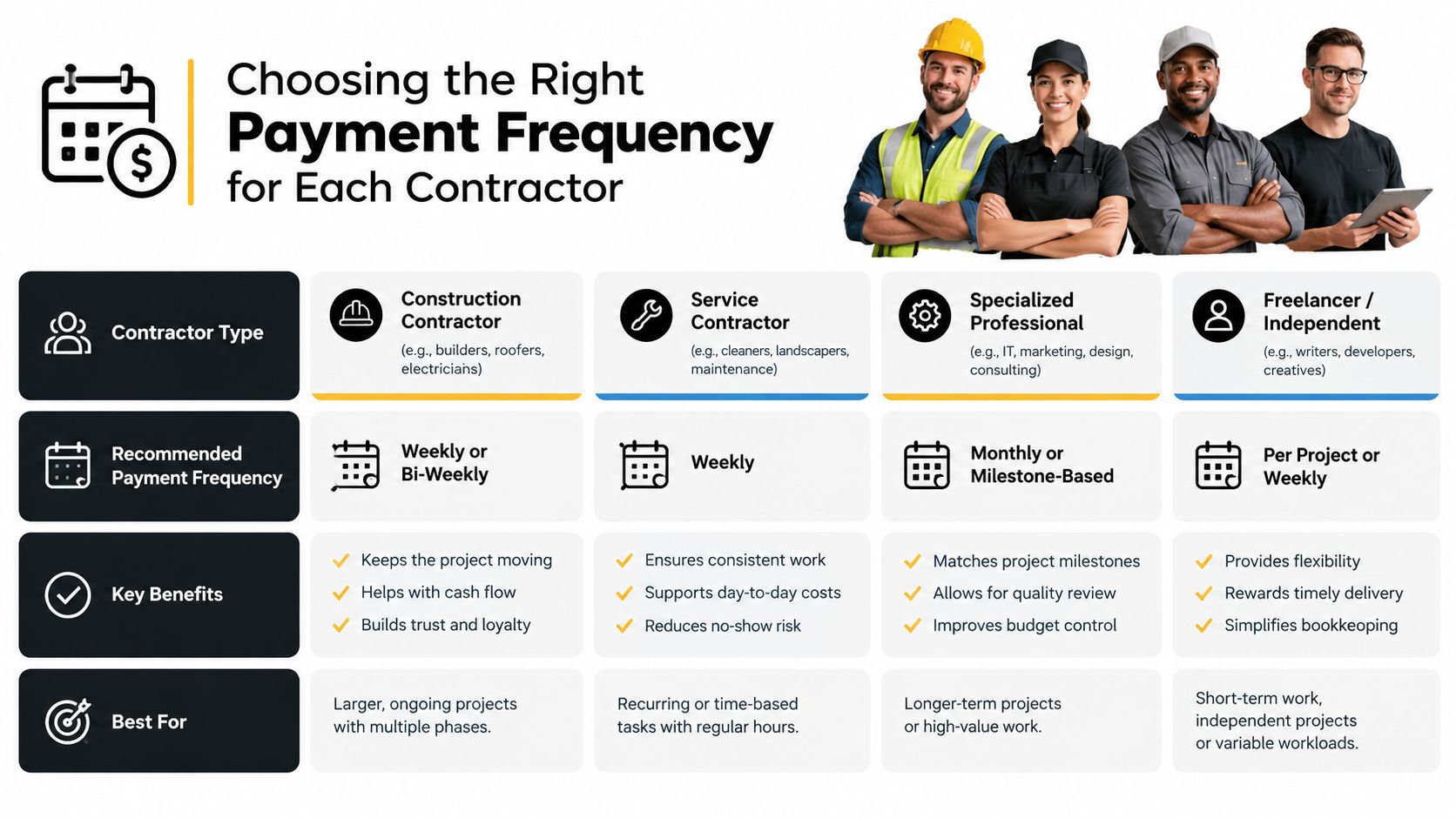 A chart showing recommended payment schedules for different types of contractors to help manage cash flow effectively.