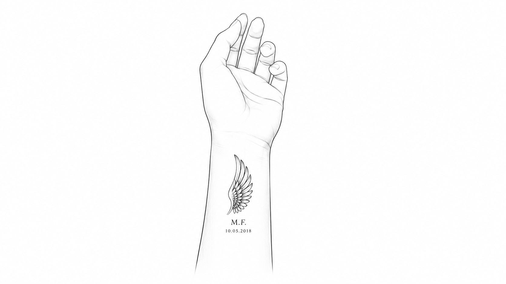 A delicate sketch of a memorial angel wing tattoo on a wrist with initials and a date.