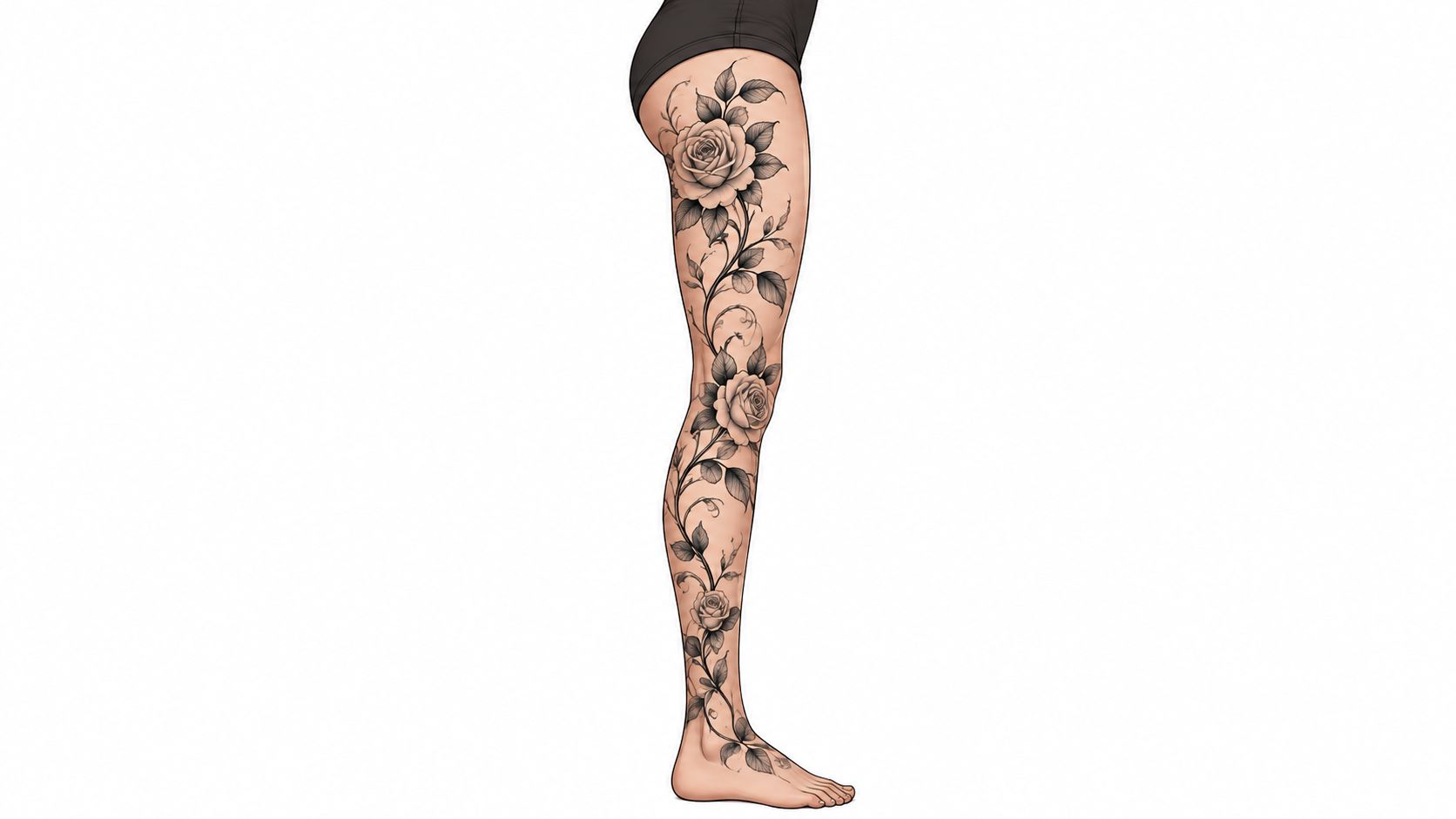 A detailed floral tattoo design featuring roses and vines wrapping around a woman's entire leg.