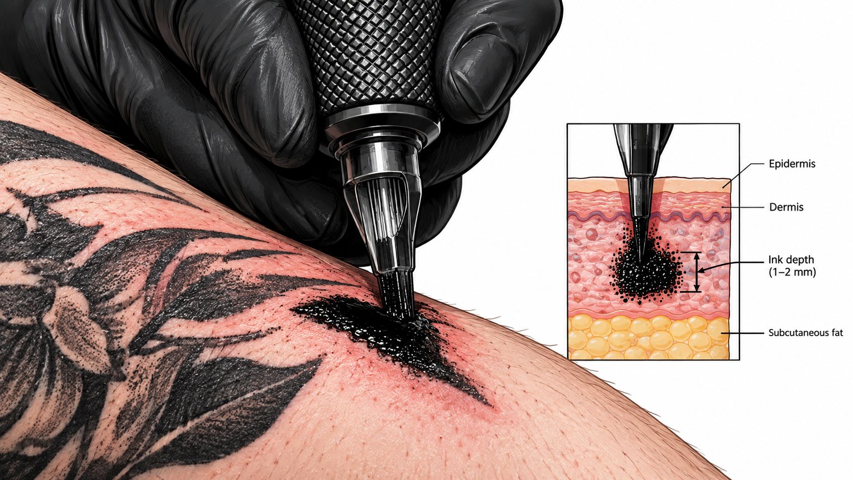A close-up view of a tattoo machine applying black ink into the dermis layer of skin.