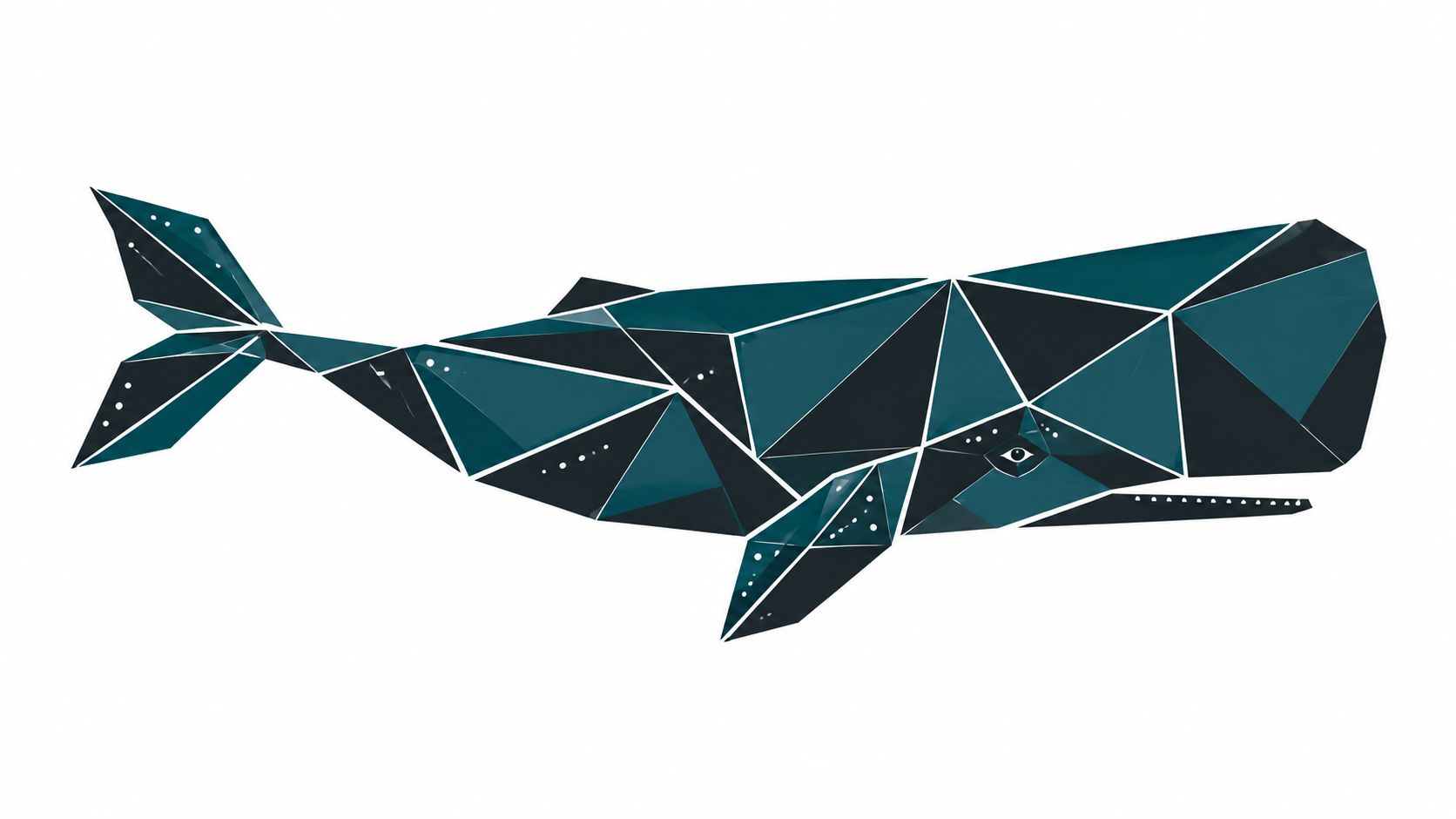 A geometric digital art illustration of a blue sperm whale with white lines on white background.