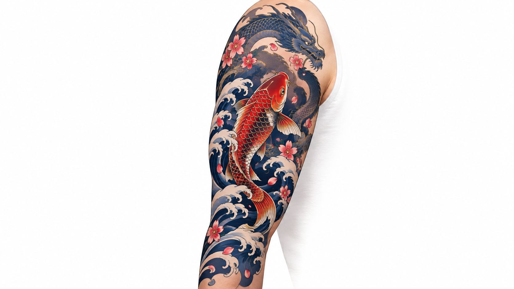 A detailed Japanese style half sleeve tattoo featuring a red koi fish, a blue dragon, and cherry blossoms.