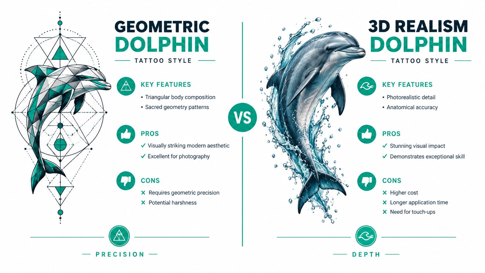 A comparison chart showing geometric dolphin tattoo styles versus 3D realism dolphin tattoo styles.