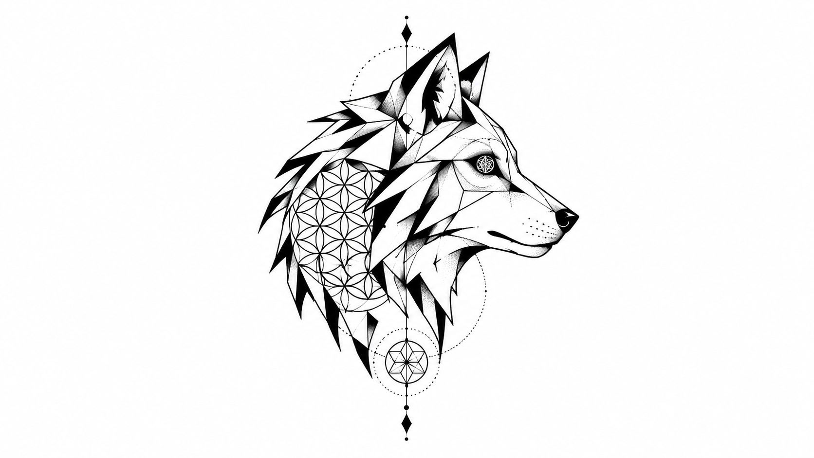 A geometric wolf head tattoo design incorporating a sacred geometry flower of life pattern and linear elements.