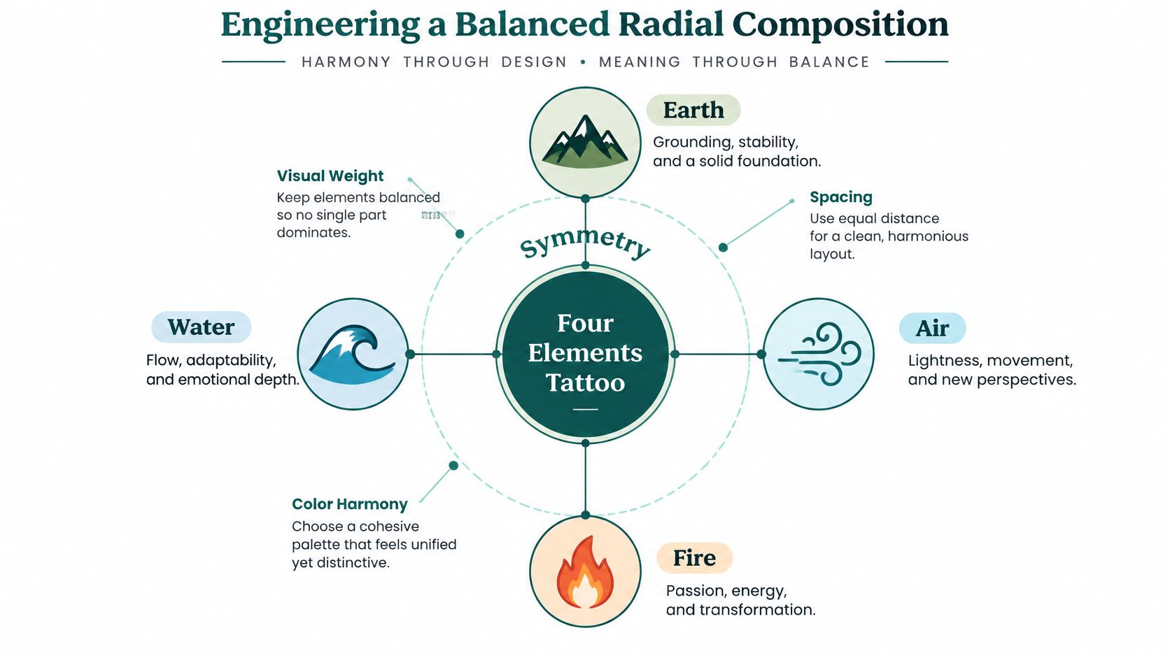 An infographic titled Engineering a Balanced Radial Composition illustrating four elements for a balanced tattoo design.