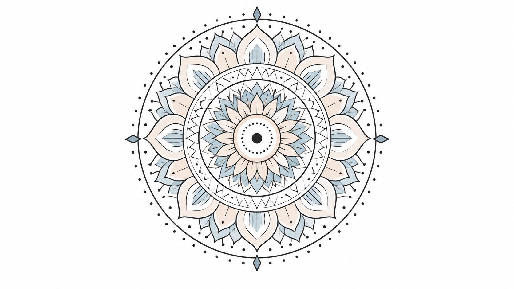 A beautiful mandala design featuring delicate floral petals and geometric patterns in soft blue and beige tones.