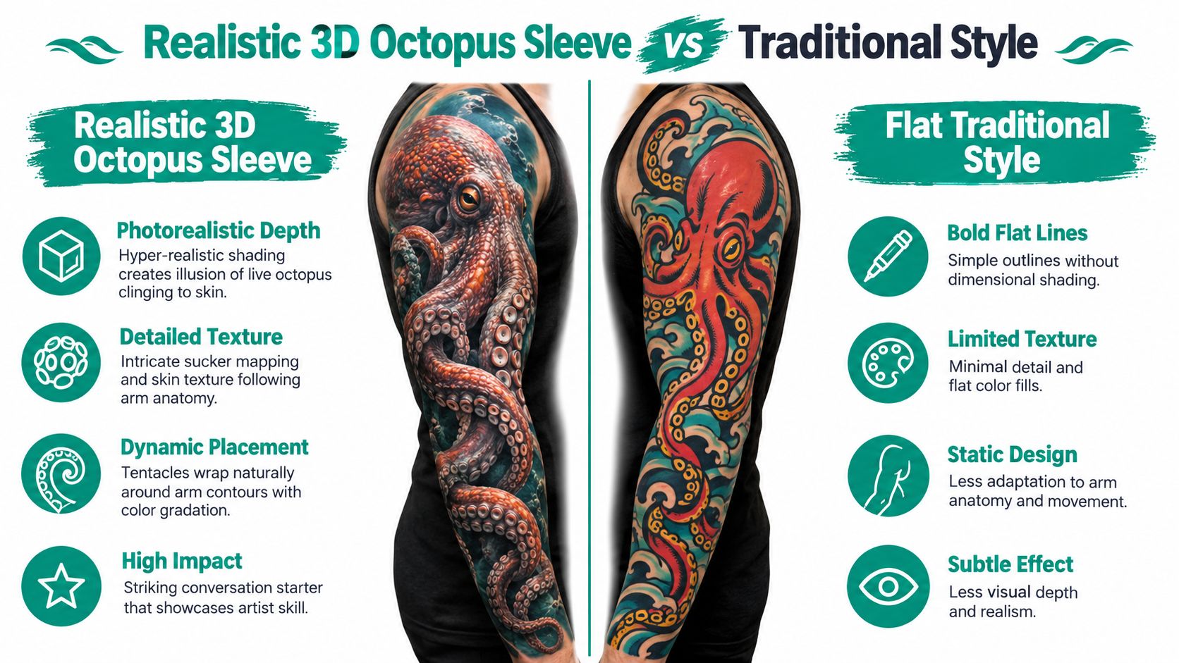 A comparison image showcasing a realistic 3D octopus sleeve tattoo versus a flat traditional style octopus tattoo.