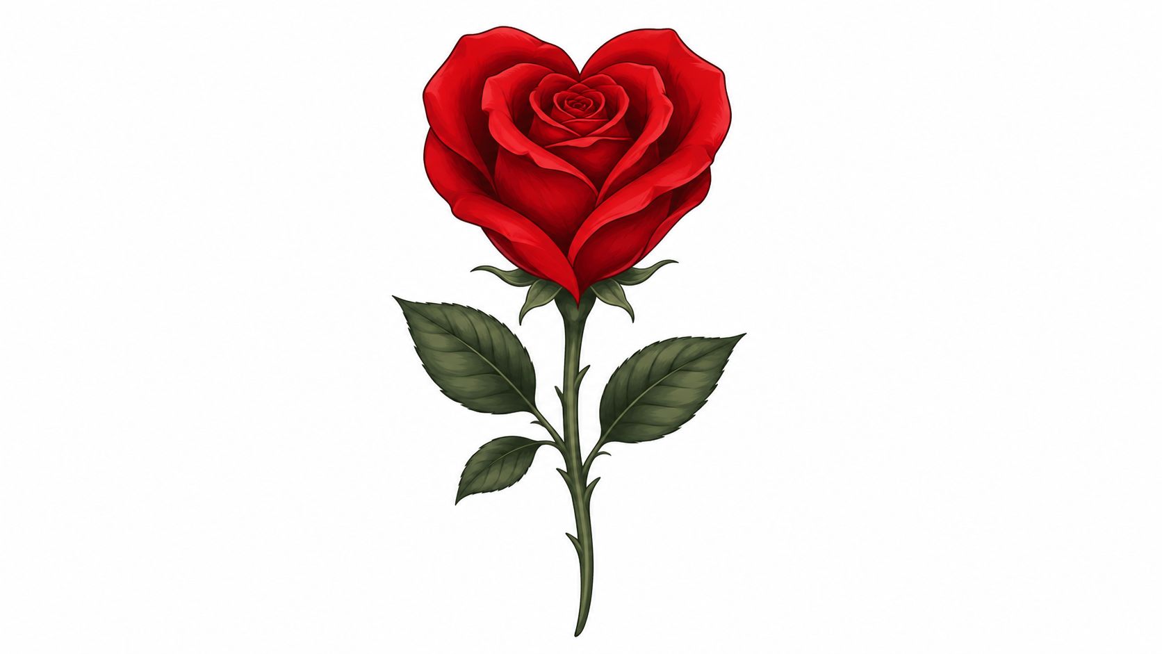 A beautiful red rose shaped like a heart with green leaves and a thorny stem on white.