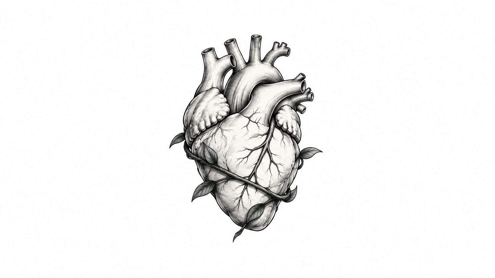 A detailed, black and white sketch of an anatomical heart entwined with leafy vines and branches.