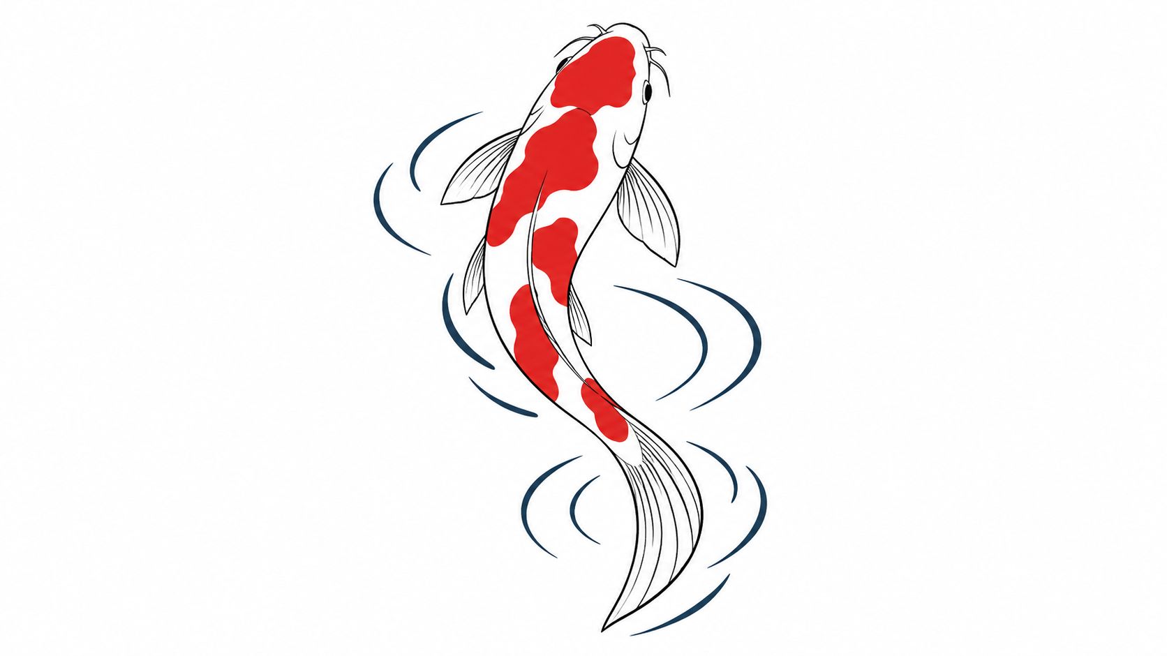 A minimalist digital line art illustration of a Japanese koi fish with red markings on white skin.