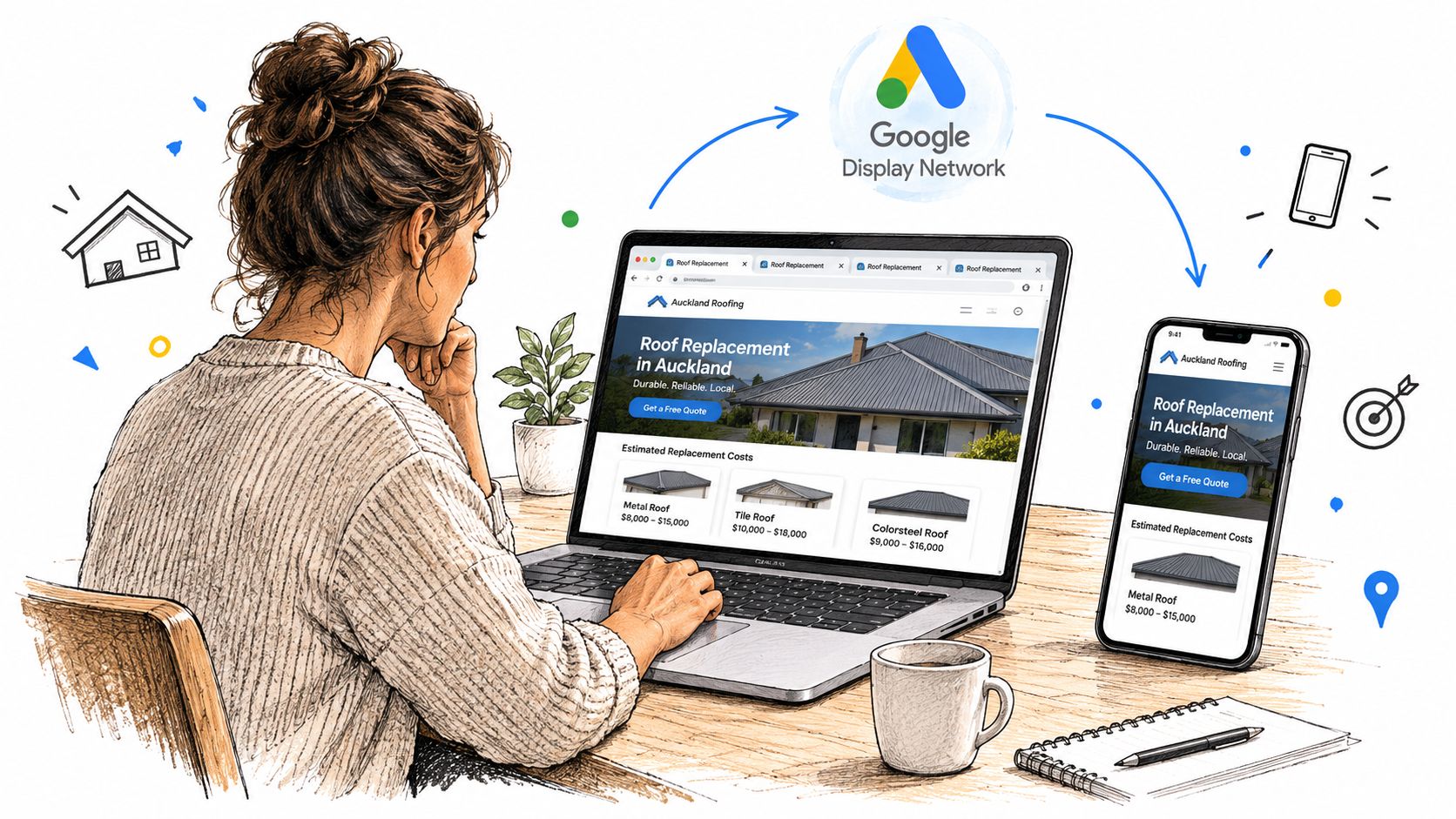 A person using a laptop with Google display network retargeting ads appearing on their mobile device screen.