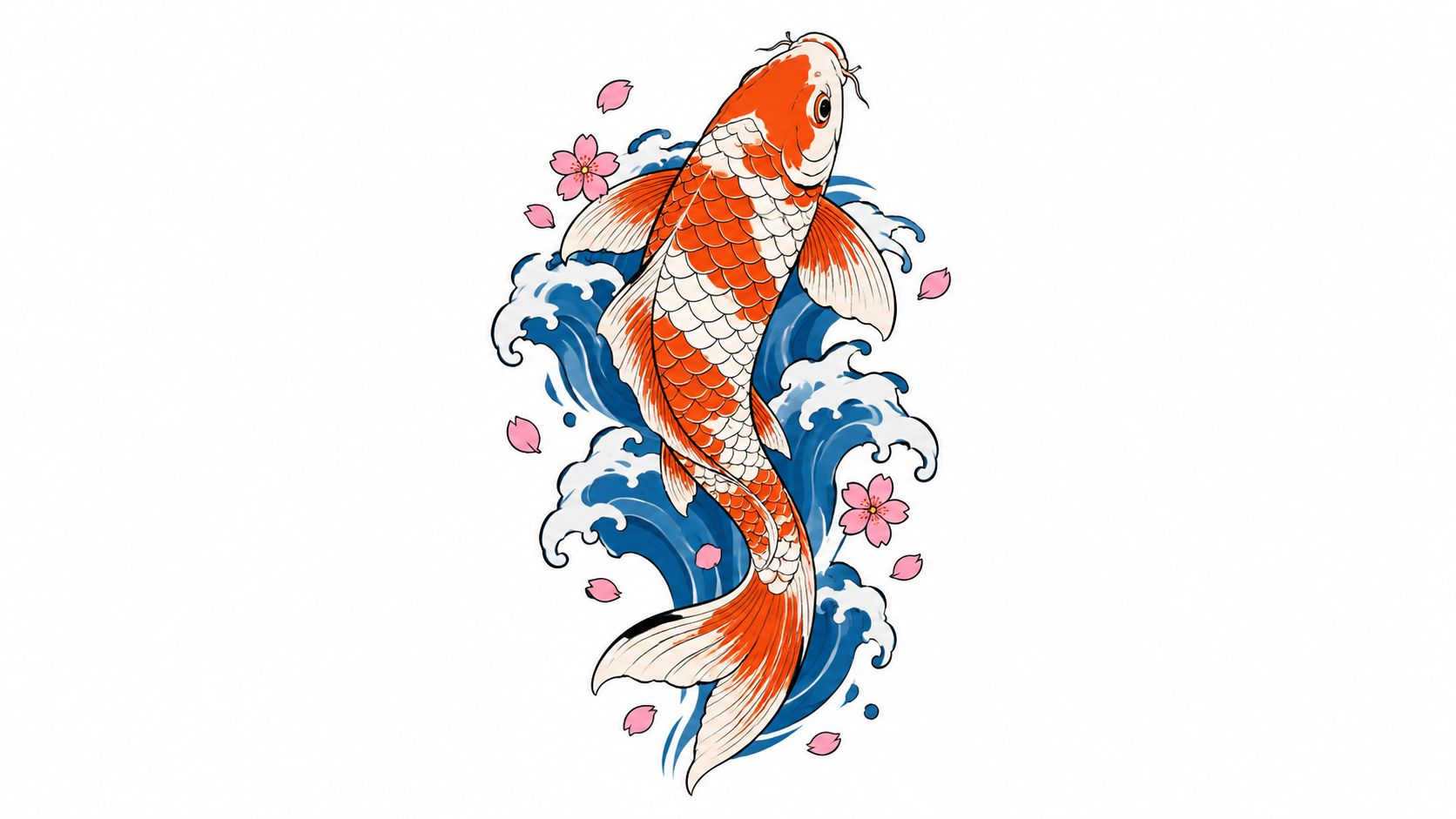 A detailed Japanese style illustration of a vibrant orange and white koi fish swimming through waves.