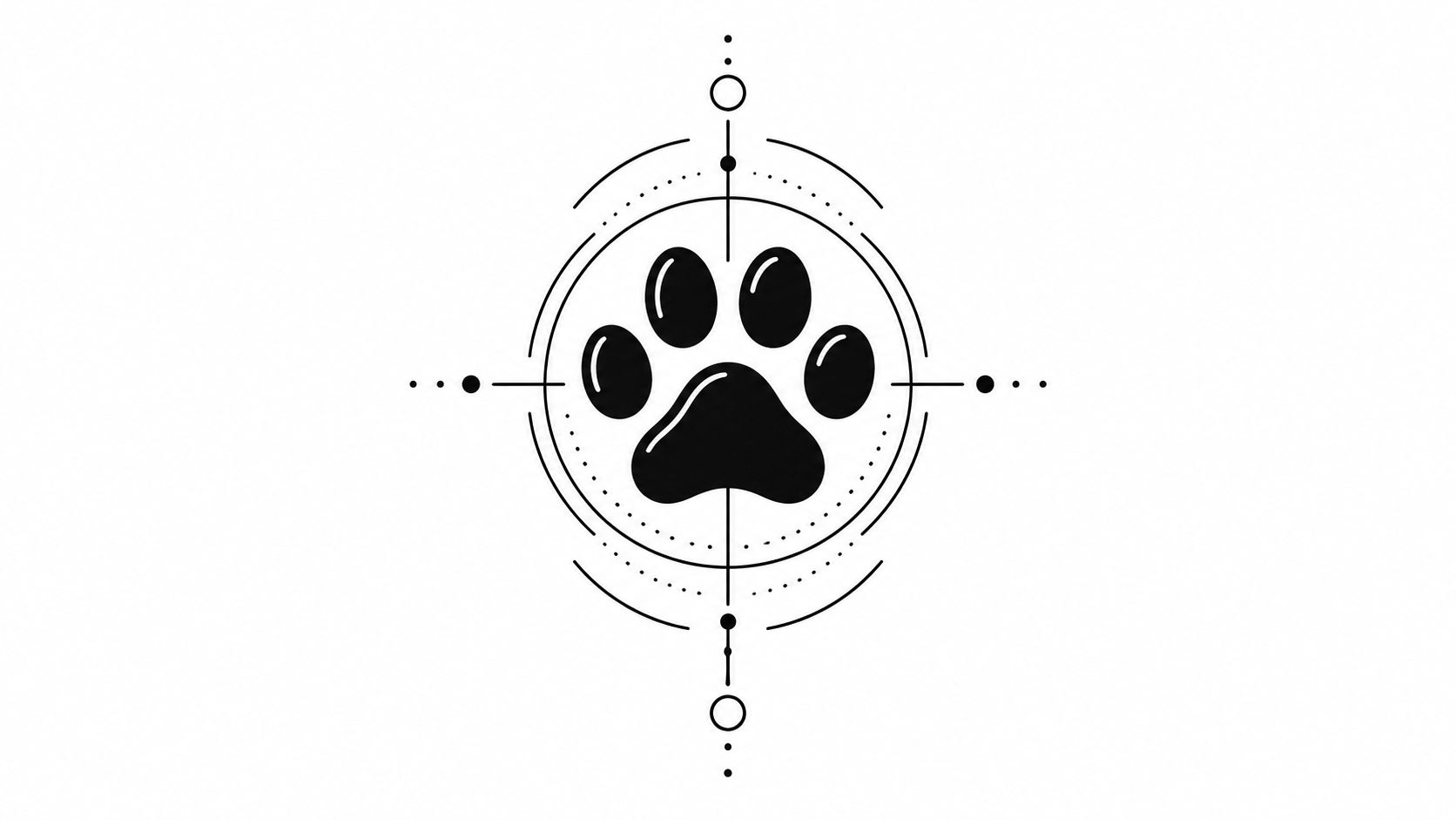A minimalist black and white tattoo design featuring a central cat paw print surrounded by geometric lines.