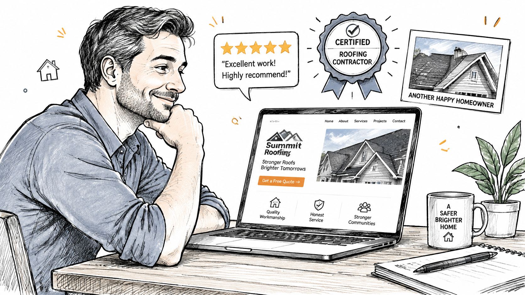 A man smiling while viewing a roofing company website on his laptop at a wooden desk.