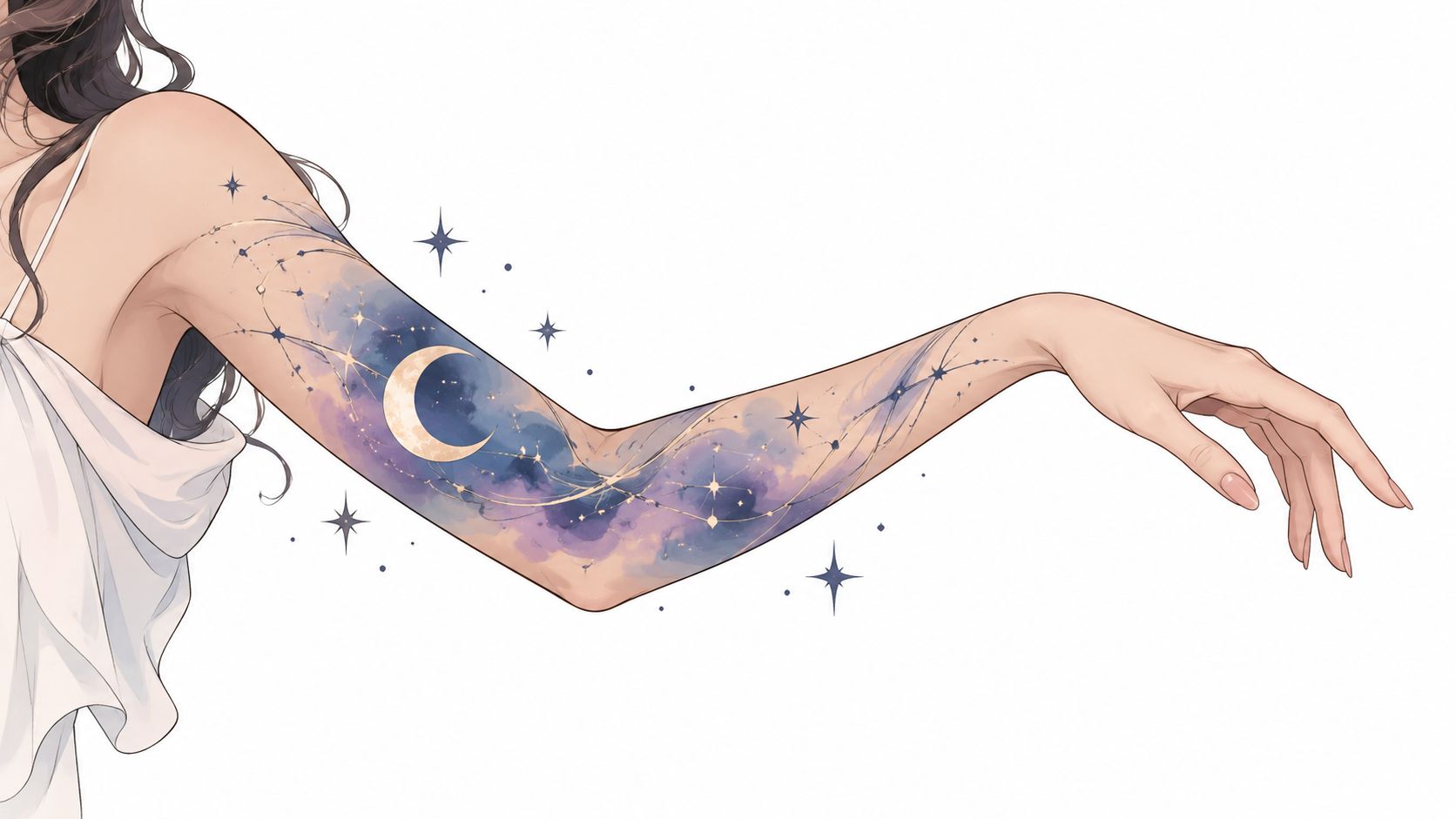 A woman's arm featuring an elegant watercolor celestial sleeve tattoo with a golden crescent moon and stars.