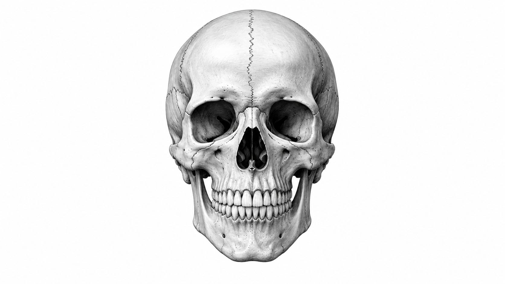 A highly detailed, realistic human skull viewed from a direct frontal angle on a white background.