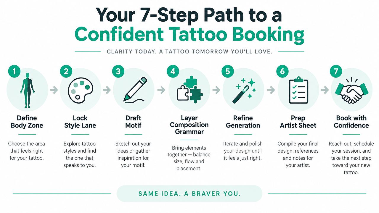 A seven-step guide illustration for planning a tattoo, covering body zones, style, motif, composition, and booking.