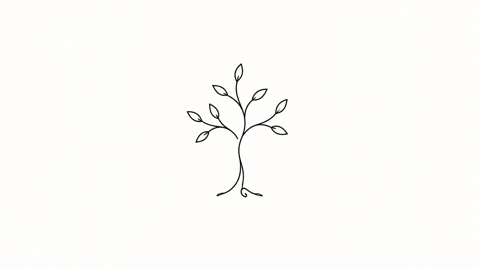 A minimalist black line drawing of a small tree with simple leaves on a white background.