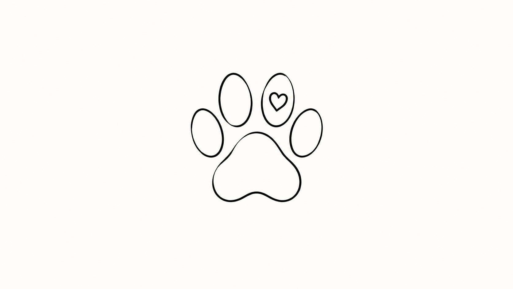A minimalist black and white line drawing of a paw print with a small heart inside one toe.