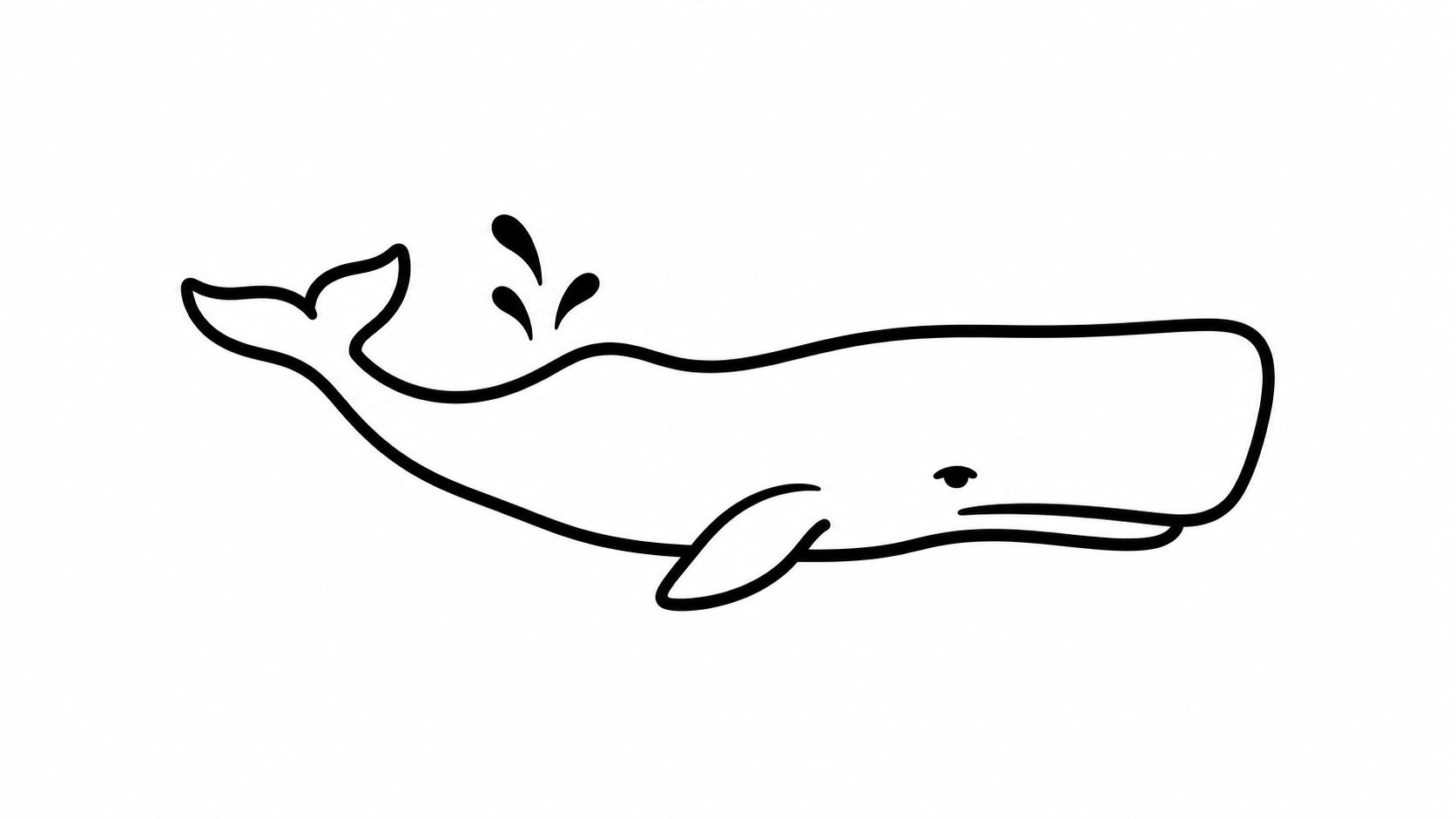 A minimalist black and white line drawing of a sperm whale swimming with a small water spout.