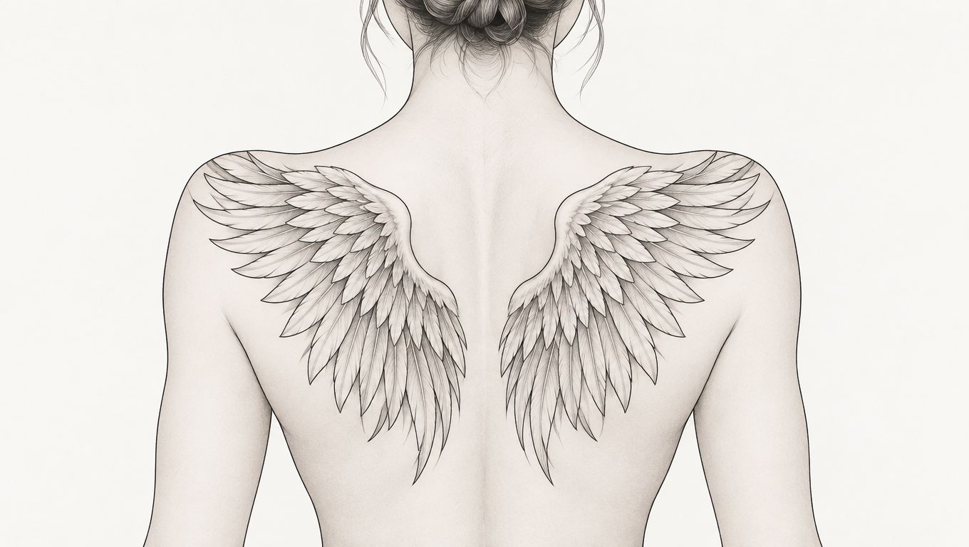 A detailed pencil sketch of a woman's back featuring large, intricate angel wing tattoos on her shoulder blades.