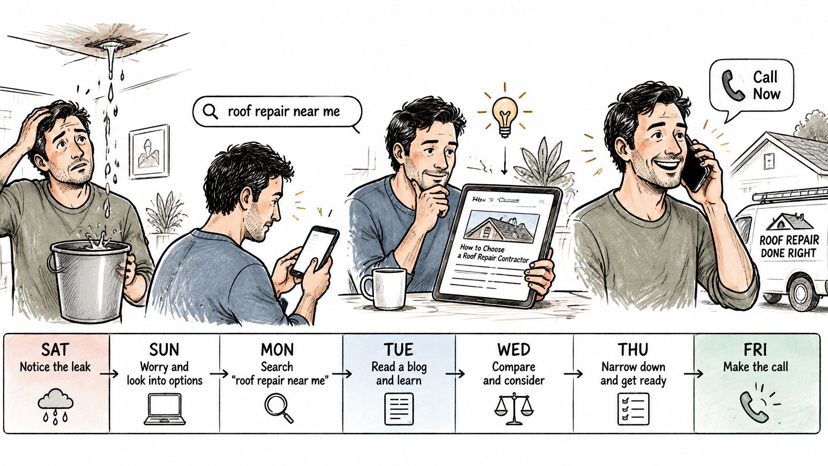 A diagram illustrating the customer journey of a homeowner discovering, researching, and booking a roof repair service.