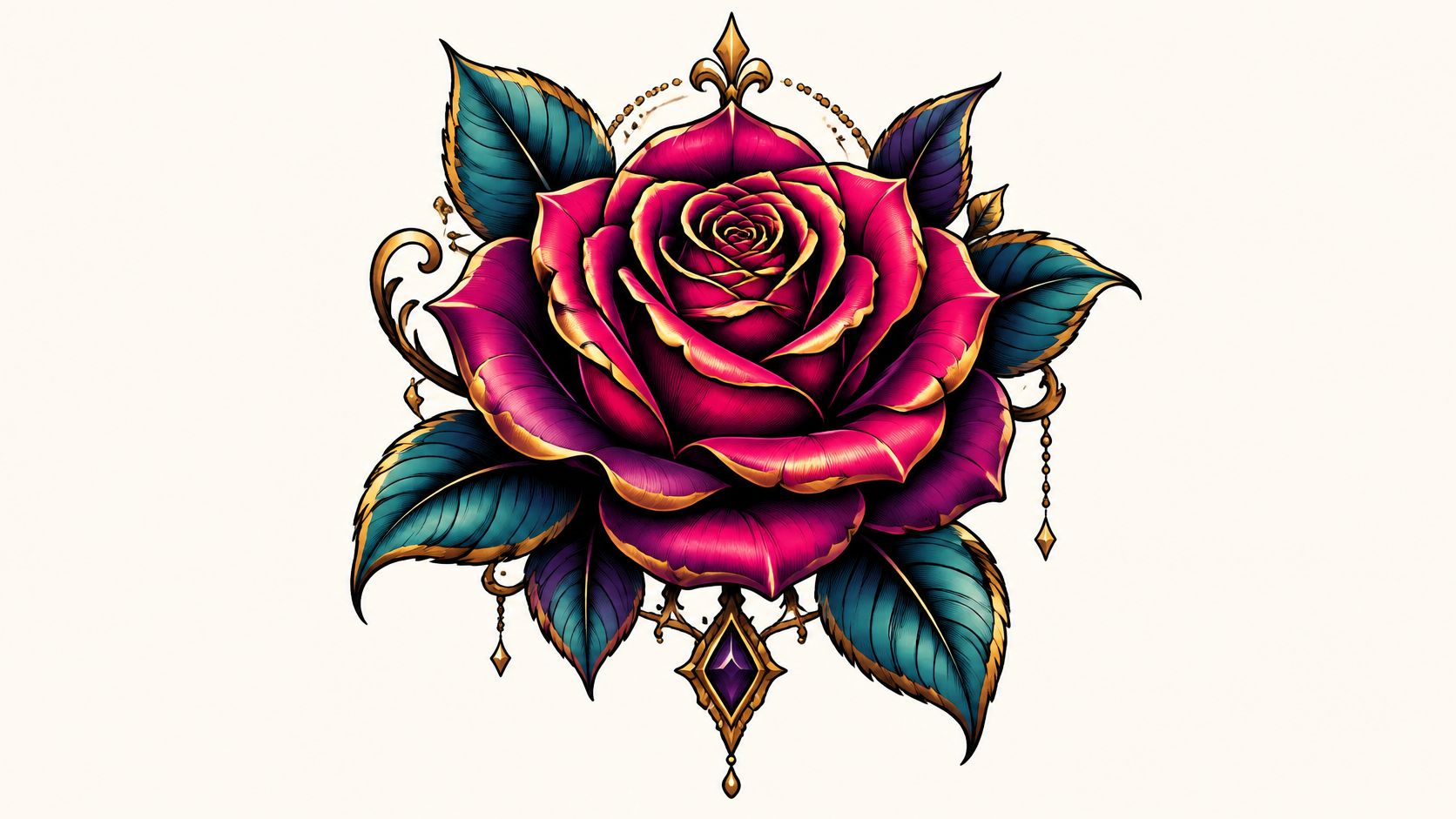 A vibrant, illustrative tattoo design featuring a central magenta rose with golden highlights and elegant teal leaves.