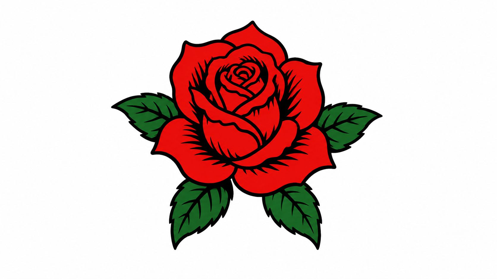 A classic vibrant red rose tattoo illustration with green leaves set against a clean white background.