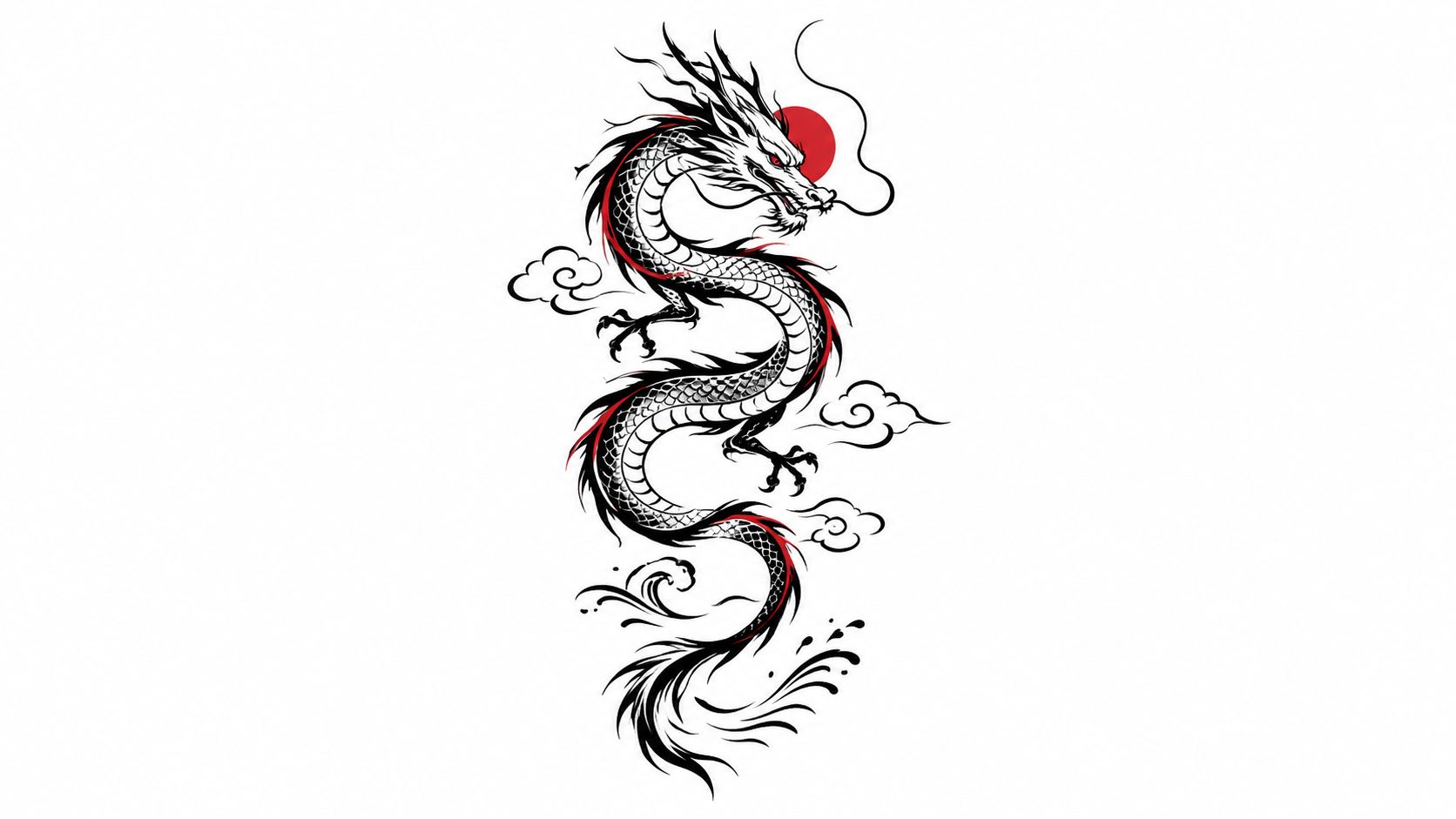 A detailed black and white illustration of an Asian-style dragon curling with red accents and clouds.