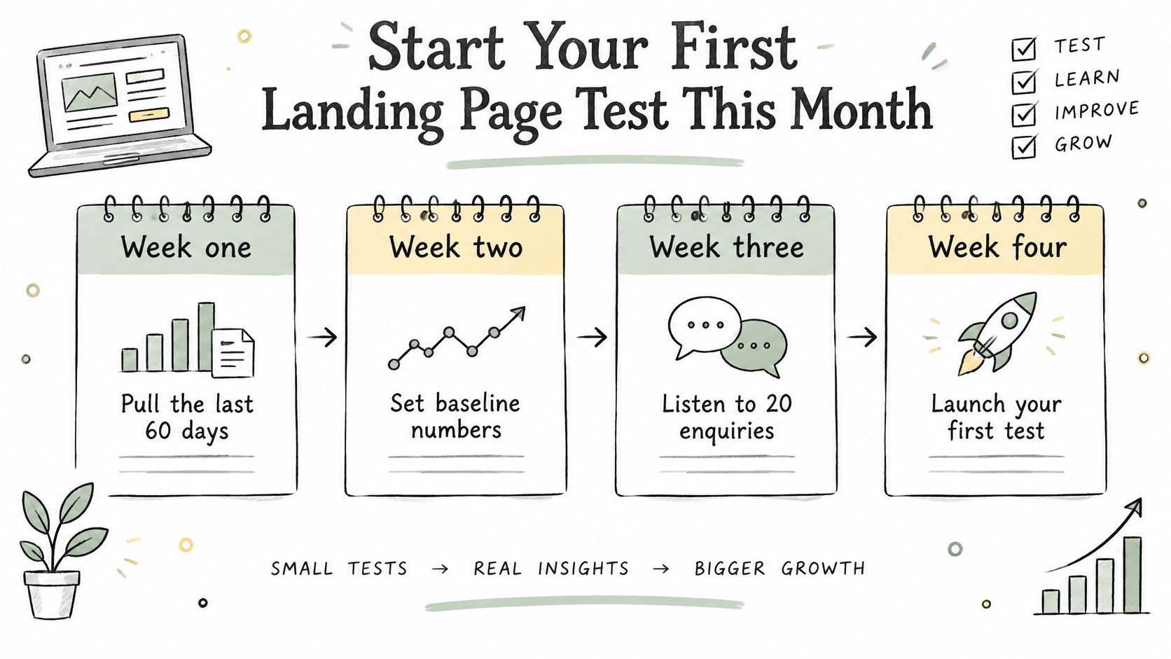 A four-week visual guide illustrating the step-by-step process for starting a landing page optimization test.