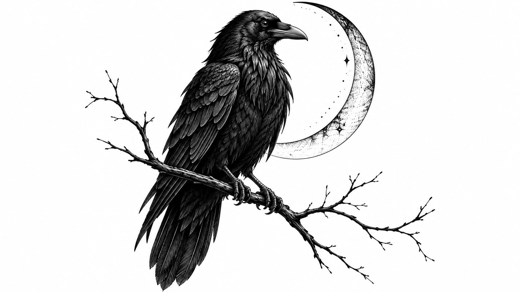 A detailed black and white drawing of a raven perched on a bare tree branch near a moon.
