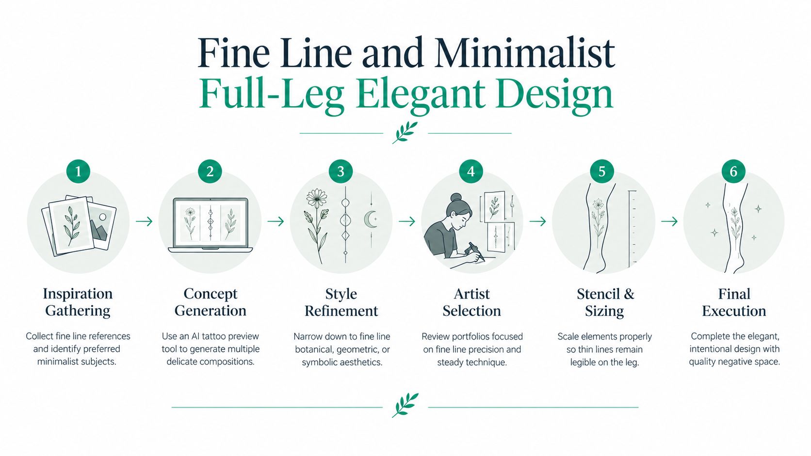 A six-step infographic detailing the process for creating an elegant, fine-line minimalist full-leg tattoo design.